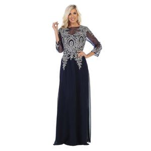 Navy/Silver Evening Long Boat Neck 3/4 Sleeve A-Line Dress By May Queen MQ1549